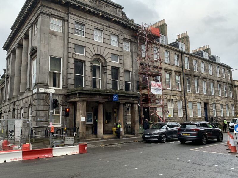 Leith Police Station entrance with Council Chambers windows directly above.