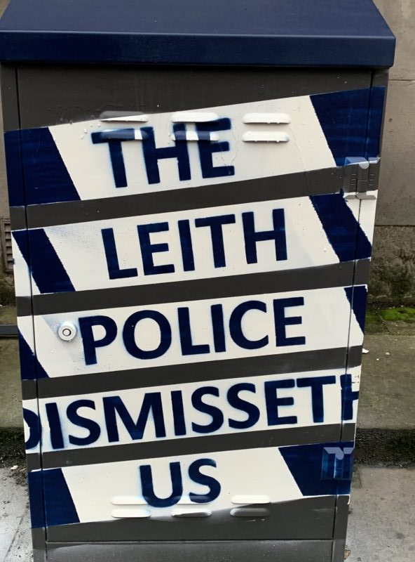 The tongue twister on a piece of street furniture outside Leith Police Station